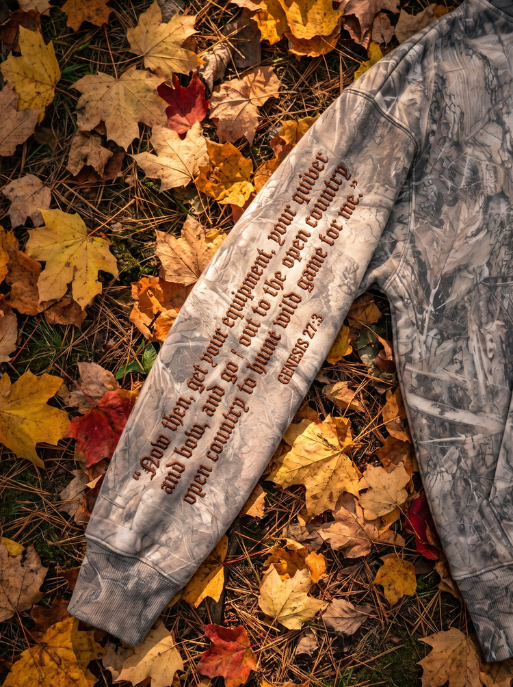 Genesis 27:3 embroidered along the hoodie sleeve