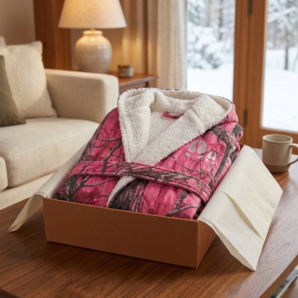 Pink camouflage Cozy Camo Heated Robe arranged as a thoughtful winter gift