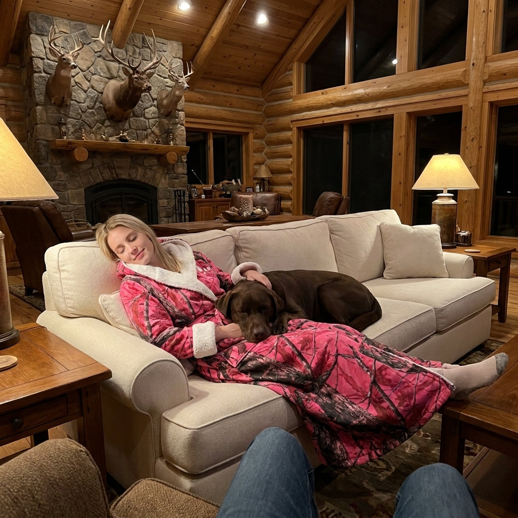 Woman relaxing at home in her pink camouflage Cozy Camo Heated Robe