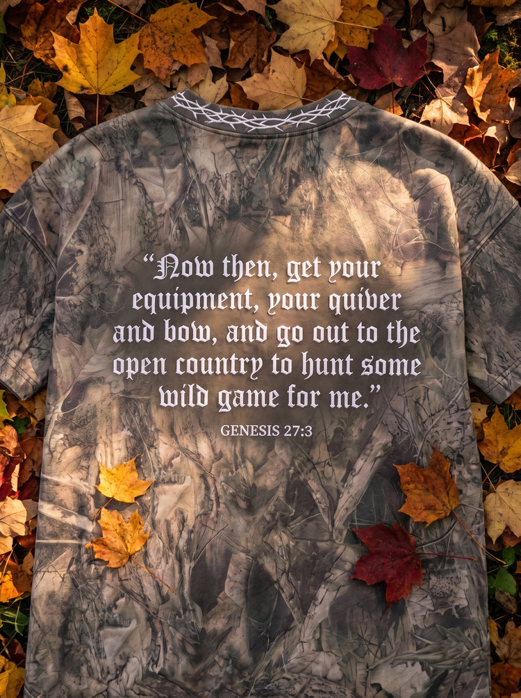 Back of a Covenant Camo tee with Genesis 27:3 lettering on autumn leaves